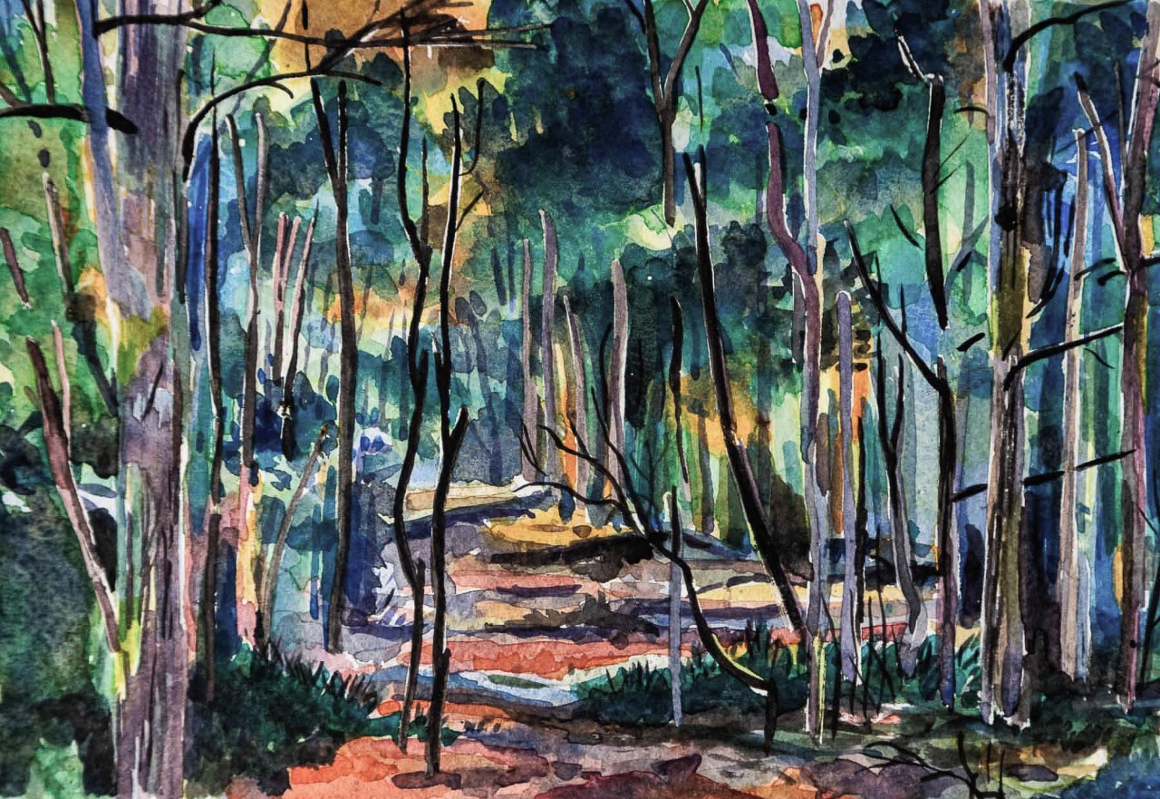 Sentier forestier, aquarelle,29 x 30